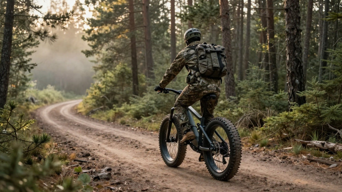 Hunter riding a fat-tire e-bike on a national forest road open to motor vehicles.