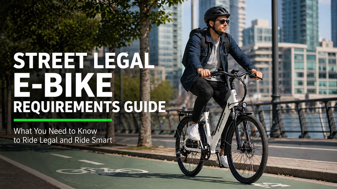 A commuter riding a modern electric bike in a city bike lane with bold text highlighting street-legal e-bike requirements.