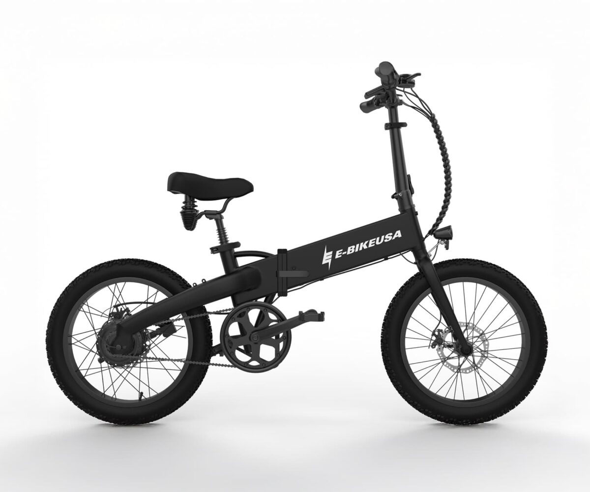 Black electric bike with 'E-Bike USA' branding on a white background