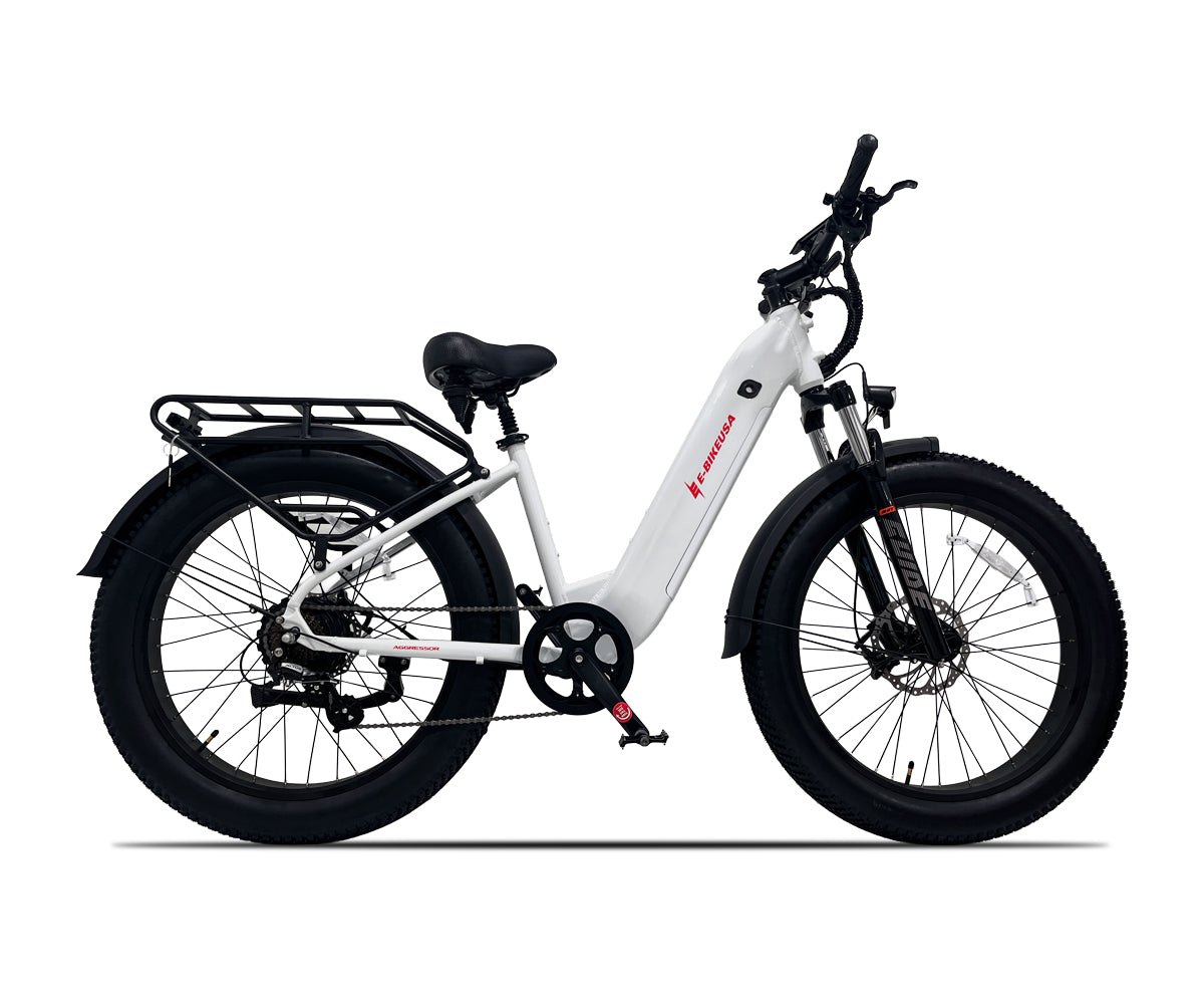 E-BIKE USA – Aggressor F Dual Suspension All-Terrain Step-Thru Fat Tire E-Bike