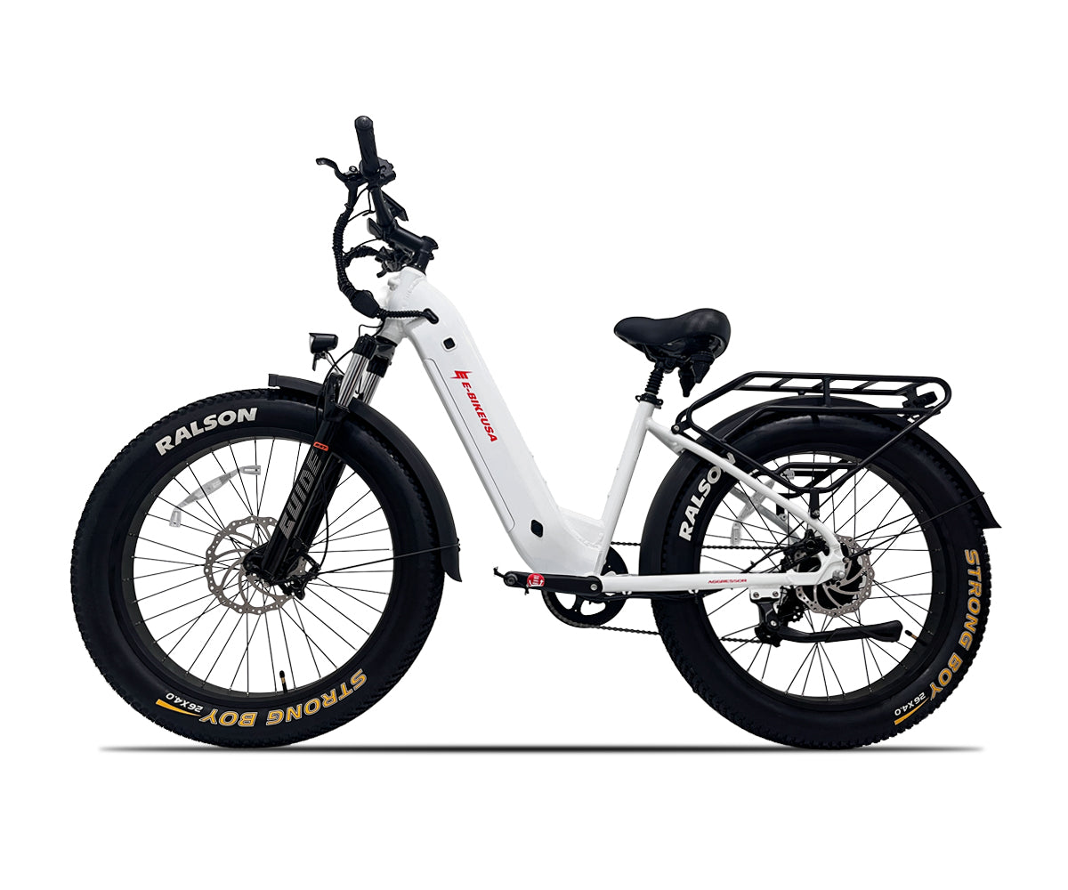 E-BIKE USA – Aggressor F Dual Suspension All-Terrain Step-Thru Fat Tire E-Bike