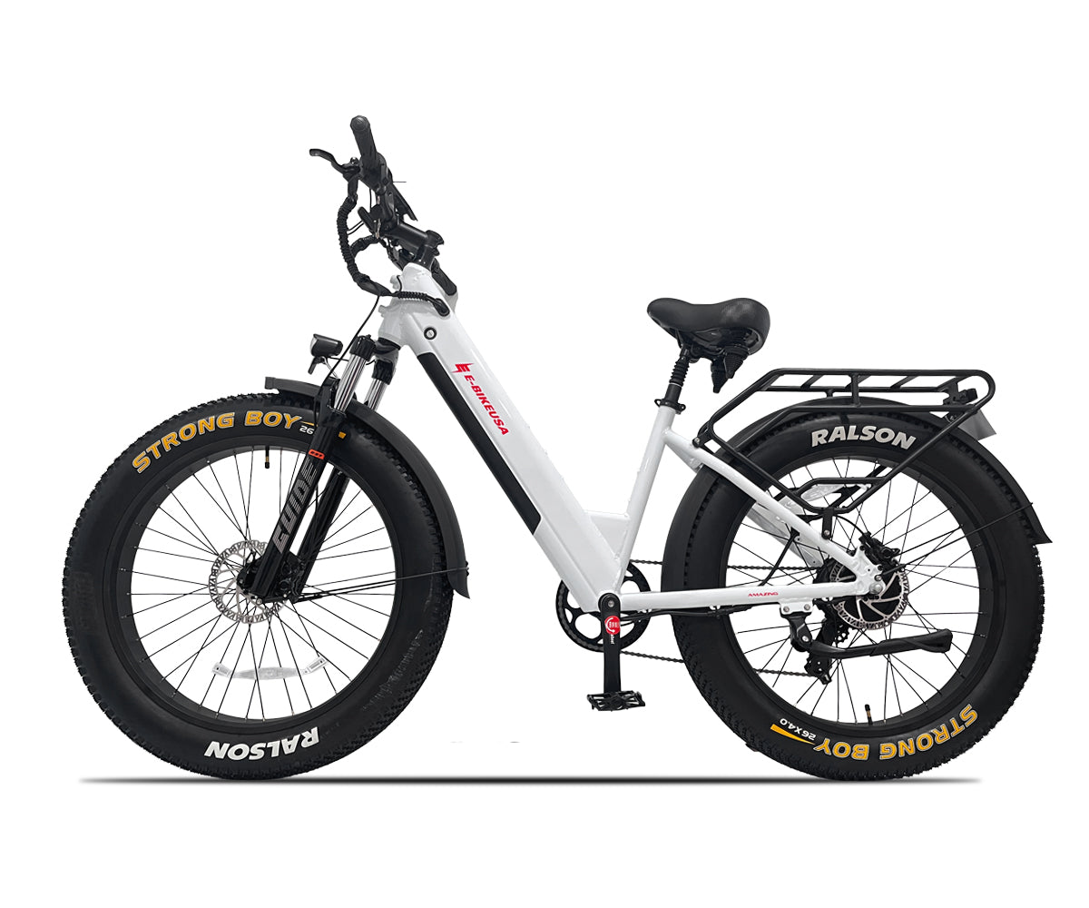 White electric bike with black tires on a white background