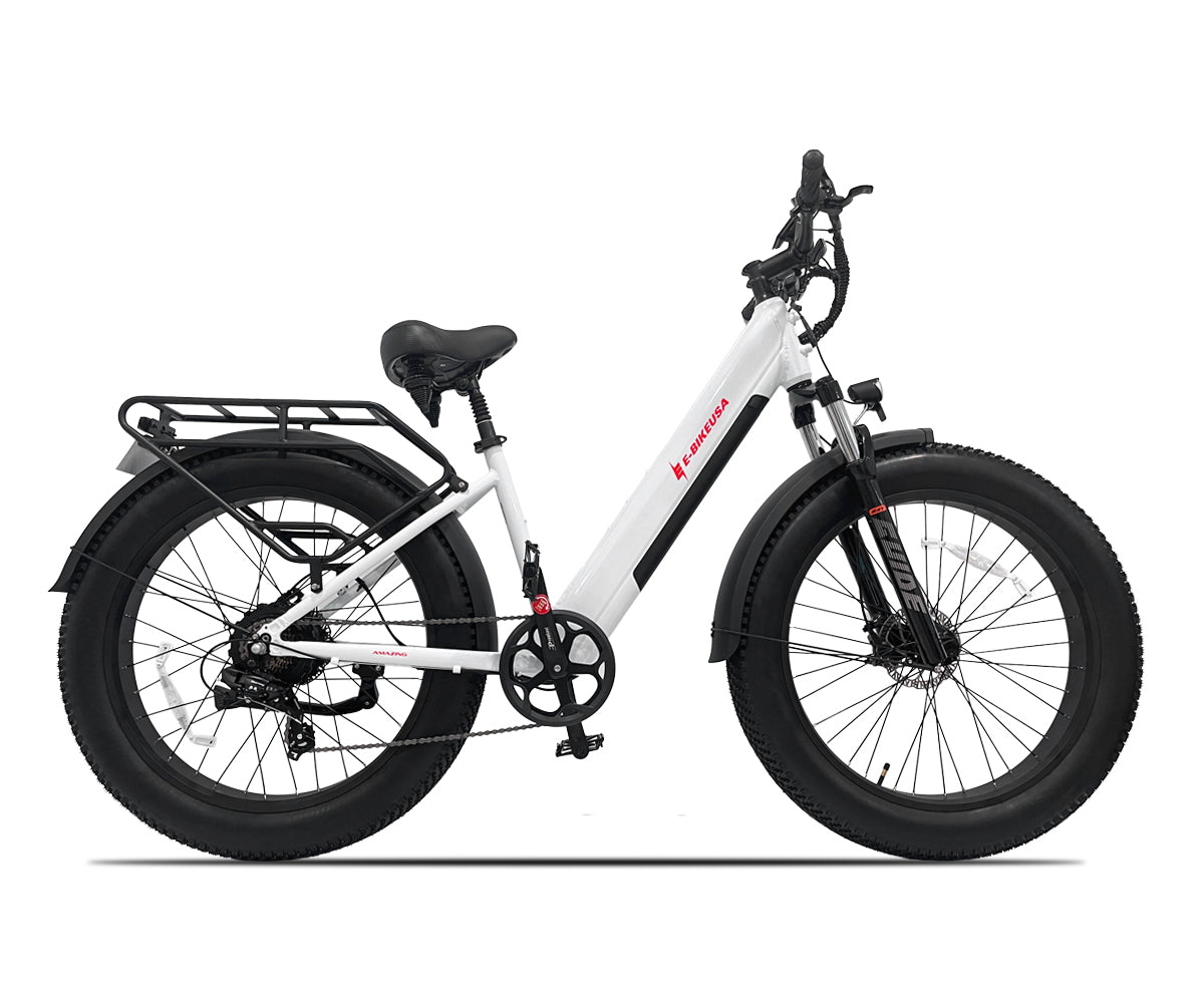 White electric bike with black seat and tires on a white background