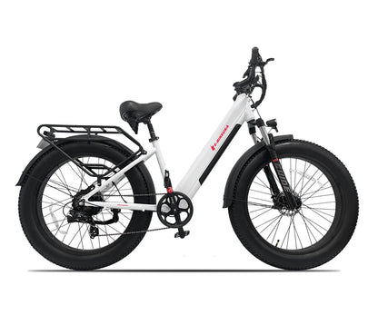 White electric bike with black seat and tires on a white background